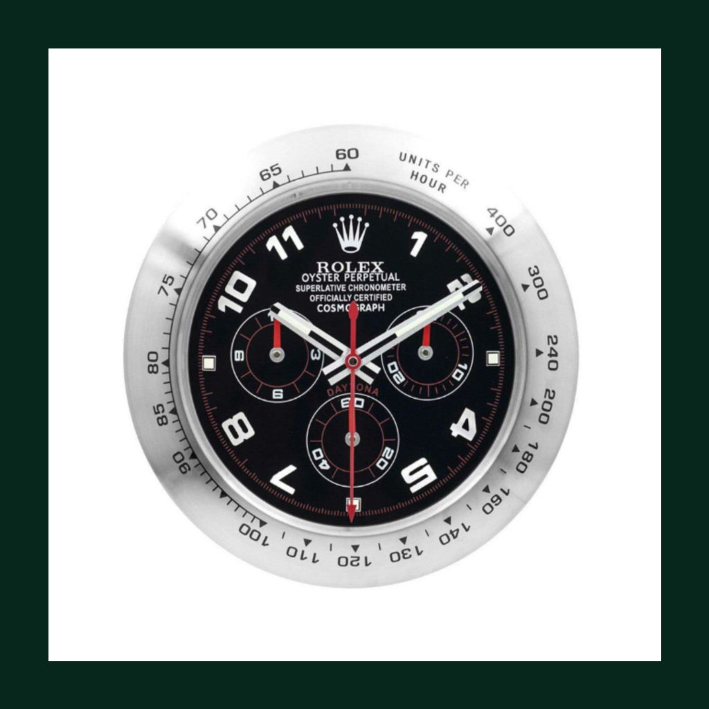 Daytona Wall Clock – Black Arabic Dial & Silver Bezel