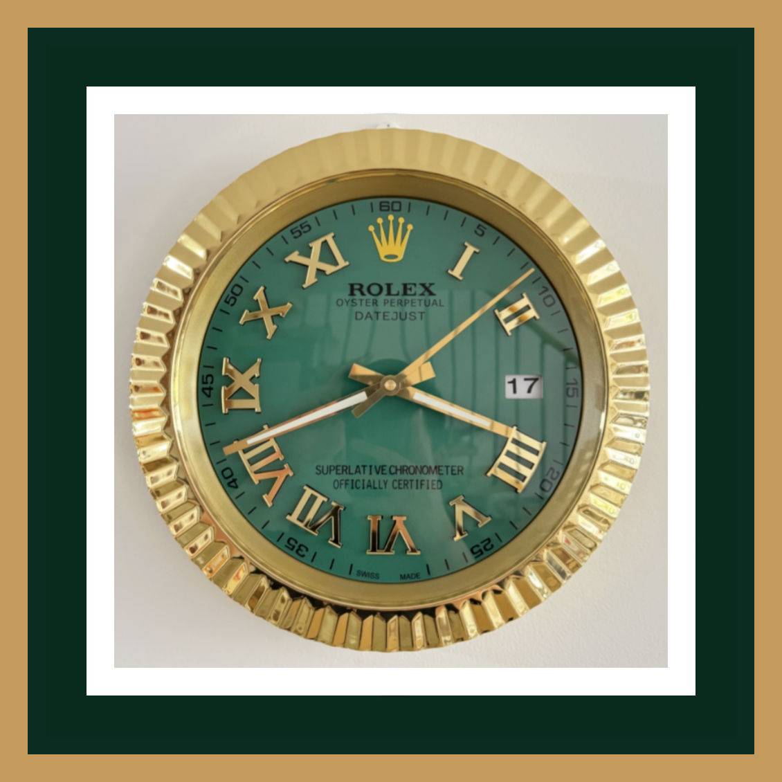 Rolex Datejust Green Roman Dial – Gold Fluted Bezel Wall Clock