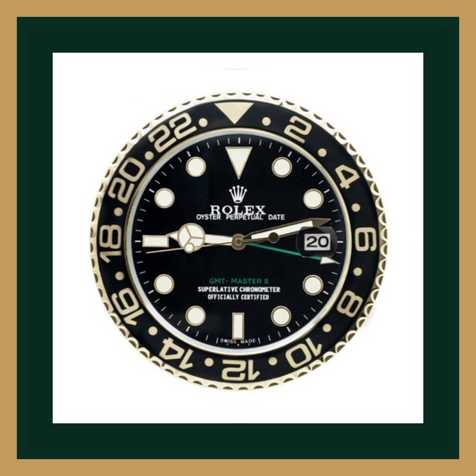 Rolex GMT-Master II – Black Dial & Gold-Outlined Bezel Wall Clock (Swiss Quality)