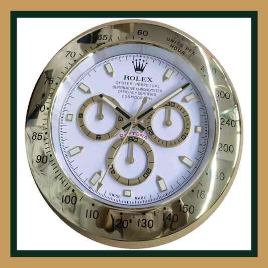 Rolex Cosmograph Daytona – White Dial & Full Gold Bezel Wall Clock (Swiss Quality)